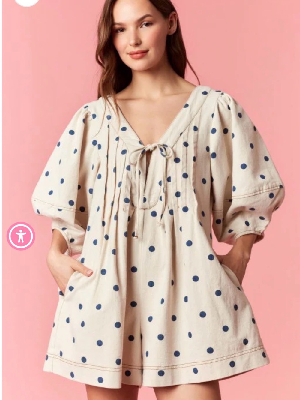 Peach Love Sweet Denim Polka Dot Loran Cream Romper - Picture 11 of 12